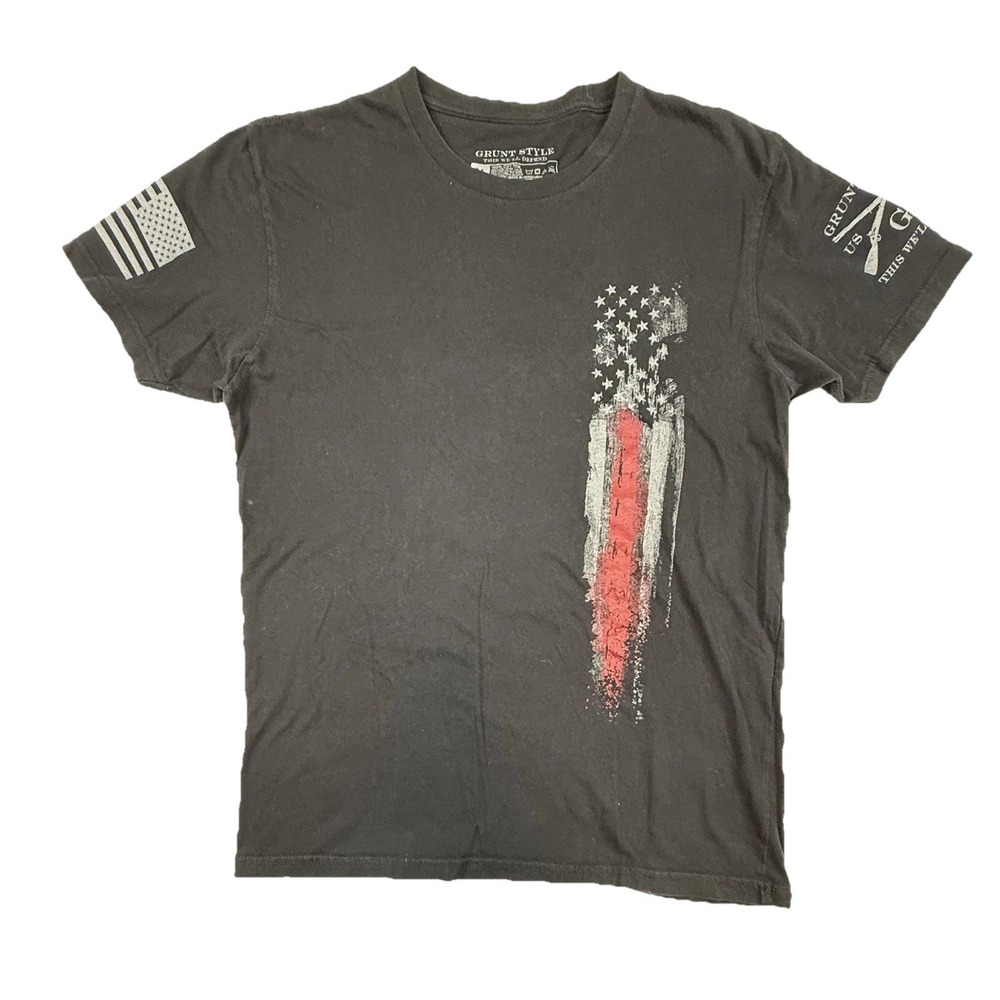 Grunt Style Thin Red Line American Flag T-Shirt‎ Black Mens Medium Patriotic USA